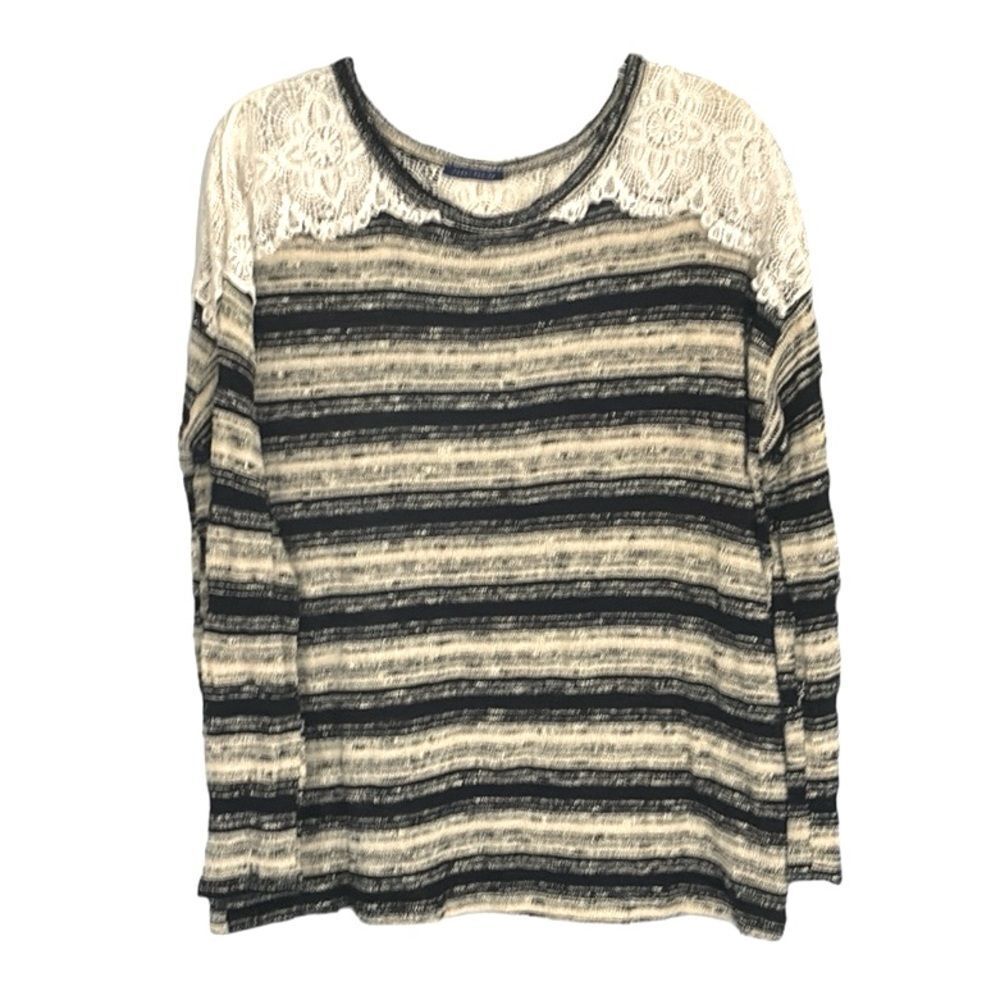 SWEET CLAIRE Boho Women’s Black Cream Long Sleeve Knit Sweater Lace Accents L